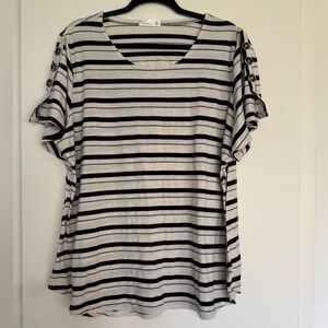 Women’s Plus Size 2X Striped Flutter Short Sleeve Oatmeal & Black